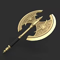 Golden Ornate Battle Axe With Intricate Patterns And Black Handle Design