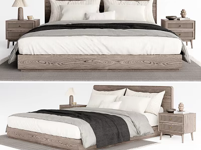 Modern Wooden Double Bed With White Gray Bedding Pillows Bedside Tables And Lamps 3d model