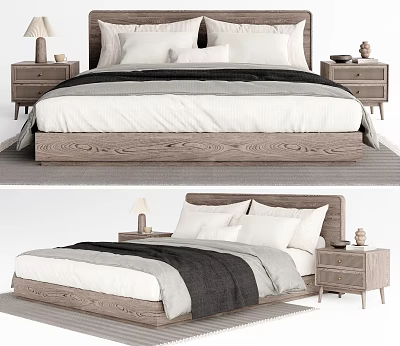 Modern Wooden Double Bed With White Gray Bedding Pillows Bedside Tables And Lamps 3d model