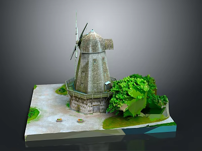 Detailed 3D Windmill Model With Stone Base Surrounding Green Plants And Path 3d model