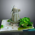 Detailed 3D Windmill Model With Stone Base Surrounding Green Plants And Path