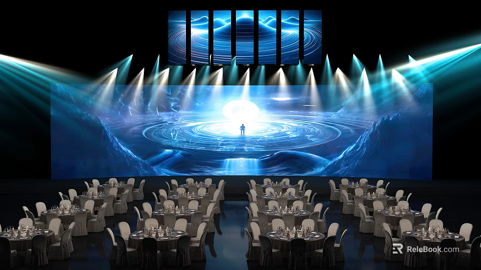 Grand Event Stage Venue With Large Screens Circular Patterns Blue Lighting Dining Tables And Chairs 3d model 