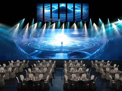 Grand Event Stage Venue With Large Screens Circular Patterns Blue Lighting Dining Tables And Chairs 3d model