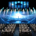 Grand Event Stage Venue With Large Screens Circular Patterns Blue Lighting Dining Tables And Chairs