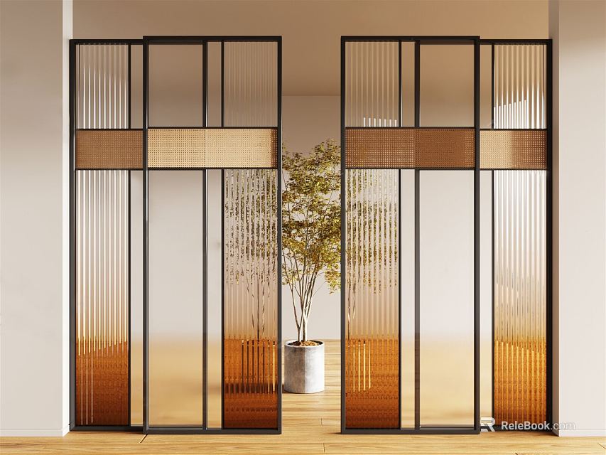 Modern Sliding Doors In Interior Space With Black Frames Striped Glass Panels And Potted Plant 3d model 
