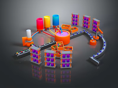 Vibrant Cartoon Factory Scene with Colorful Containers Orange Machinery and Purple Shelves 3d model