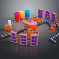 Vibrant Cartoon Factory Scene with Colorful Containers Orange Machinery and Purple Shelves