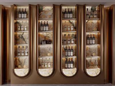 Elegant Wine Cabinet With Gold Frame Glass Doors Marble Background And Displayed Wine Bottles 3d model