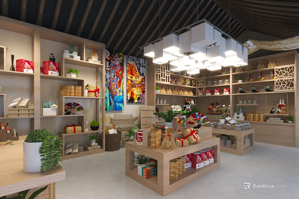 Shopping Mall Store With Wooden Shelves Product Displays Green Plants Ceiling Lights And Colorful Paintings 3d model 