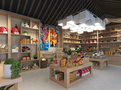 Shopping Mall Store With Wooden Shelves Product Displays Green Plants Ceiling Lights And Colorful Paintings 3d model