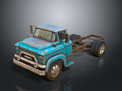 Vintage Blue Rusty Truck Chassis With Classic Front Design And Wheels 3d model