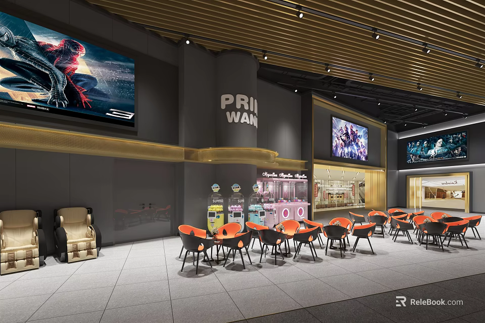 Prim Wan Cinema Modern Lounge Area With Large Screens Orange Chairs And Vending Machines 3d model 