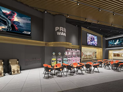 Prim Wan Cinema Modern Lounge Area With Large Screens Orange Chairs And Vending Machines 3d model