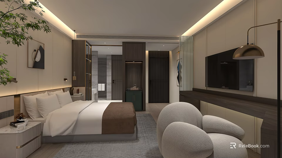 Modern Hotel Room Interior With Bed Armchair TV Wardrobe And Soft Lighting 3d model 