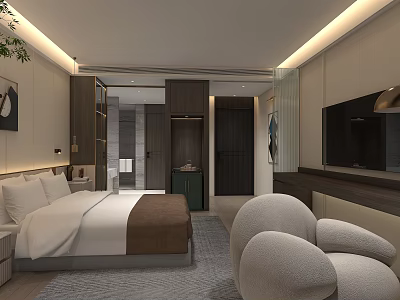 Modern Hotel Room Interior With Bed Armchair TV Wardrobe And Soft Lighting 3d model