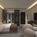 Modern Hotel Room Interior With Bed Armchair TV Wardrobe And Soft Lighting