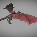Mythical Reptile With Red Wings And Scaly Body Flying In Gray Background