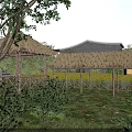 Scenic Garden Ornaments With Thatched Roof Pavilions Green Grass Trees And Yellow Flower Fields