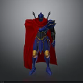 Standing Blue Armored Character With Red Cape And Gold Accent Details