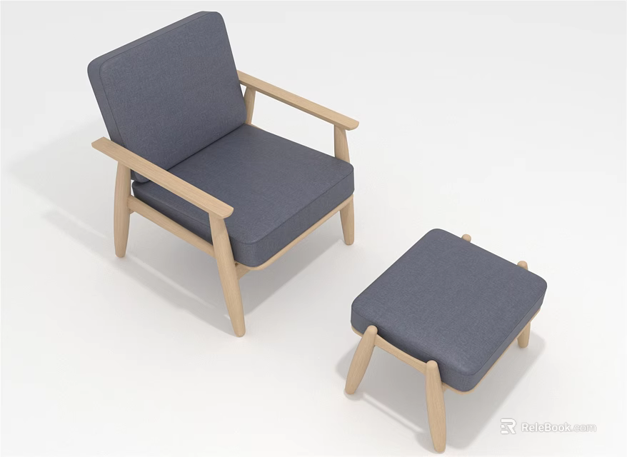 Single Sofa with Gray Fabric Wooden Frame and Matching Ottoman 3d model 