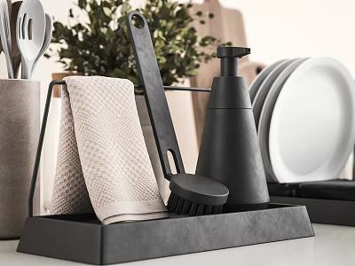 Modern Kitchen Daily Dishwashing Supplies With Brush Soap Dispenser Towel And Plates 3d model