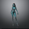 3D Female Character In Blue Bodysuit With Mechanical Lines Standing Pose And Long Hair