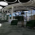 Modern Reception Area With Green Circular Desks Colorful Square Walls Circular Lights And Geometric Flooring