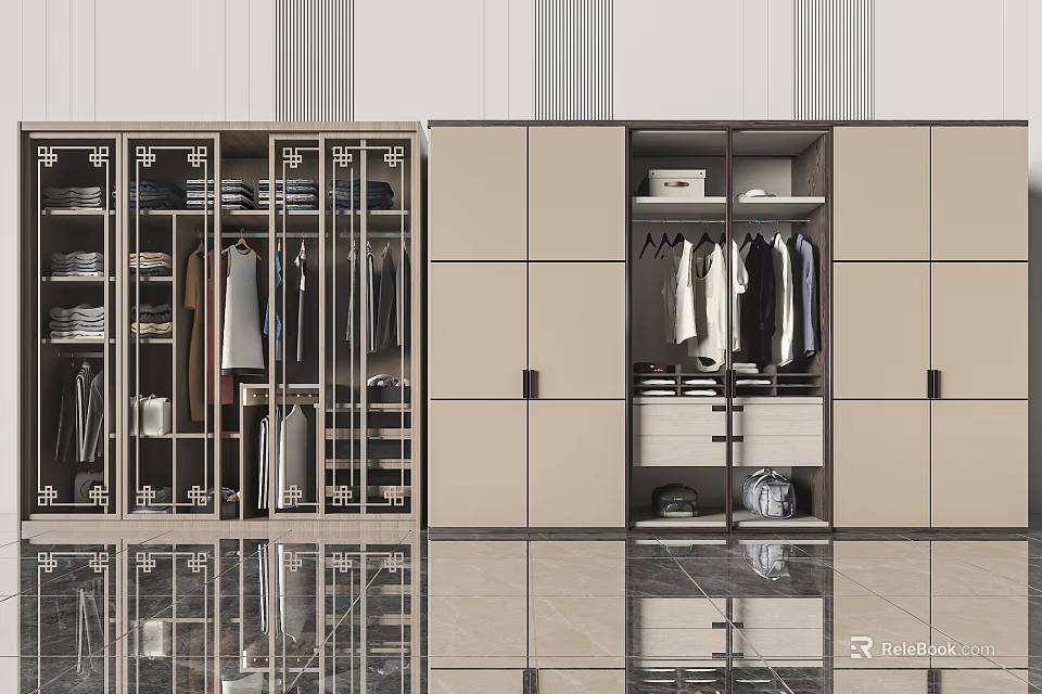 Modern Wardrobe Interior Design With Storage Cabinets Hanging Rods And Drawers 3d model 