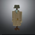 Block Style Mannequin Dressed In Trench Coat With Hat And Scarf On Wooden Stand