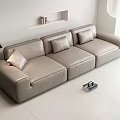 Gray Leather Three Seater Sofa With Black Pendant Light White Shelf And White Tiled Floor