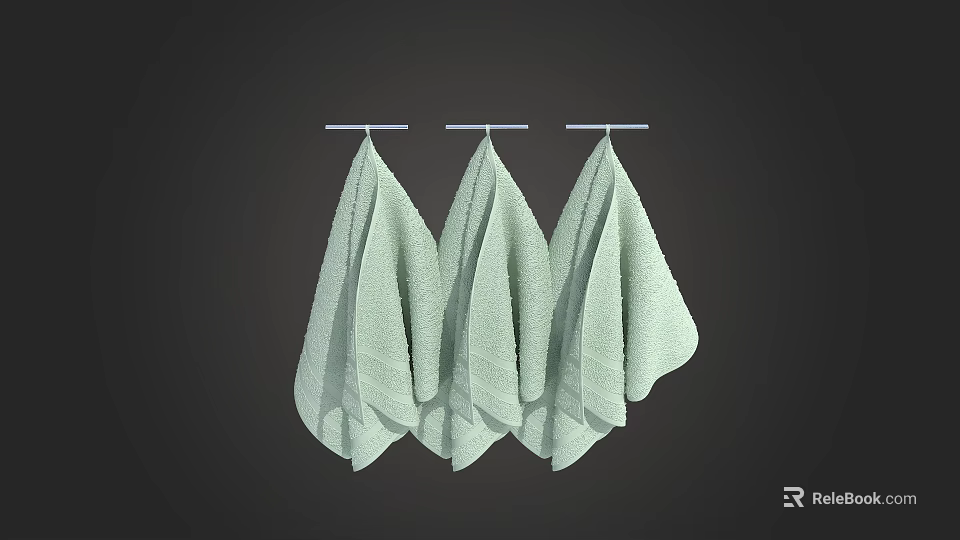 Three Light Green Soft Towels Hanging On Wall Rack In Bathroom 3d model 