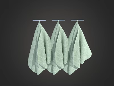 Three Light Green Soft Towels Hanging On Wall Rack In Bathroom 3d model