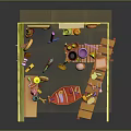 Colorful Indoor Playroom Scene With Yellow Walls Shelves Toys And Small Boat