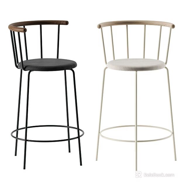 Modern Design Bar Stools With Black And Beige Fabric Seats Metal Legs And Wooden Armrests 3d model 
