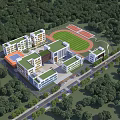 Modern School Campus Buildings Surrounded by Green Trees With Red Running Track and Sports Field