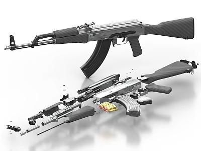 AK-47 Assault Rifle Disassembled View With Detailed Barrel Magazine And Stock Parts 3d model