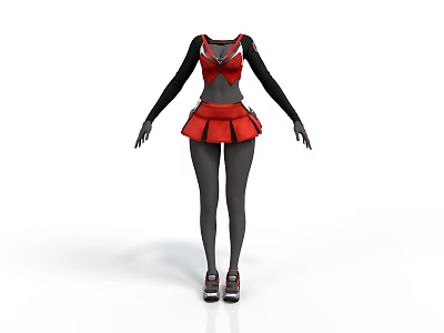 Woman In Red And Black Clothing With Short Skirt Long Sleeves And Shoes 3d model