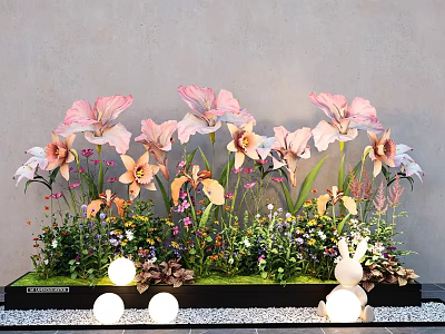 Charming Outdoor Garden Landscape With Pink Flowers Rabbit Ornament Small Lights And Lush Greenery 3d model