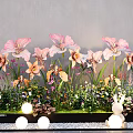 Charming Outdoor Garden Landscape With Pink Flowers Rabbit Ornament Small Lights And Lush Greenery