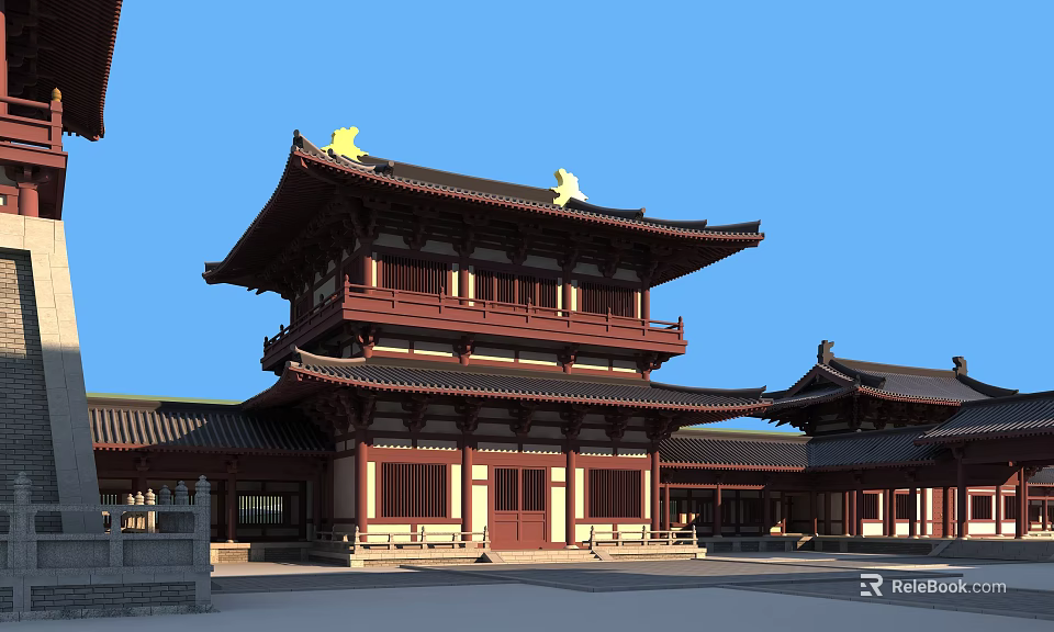 Ancient Chinese Architecture With Multi Tiered Roof Overhanging Eaves Yellow Ornaments Against Blue Sky 3d model 
