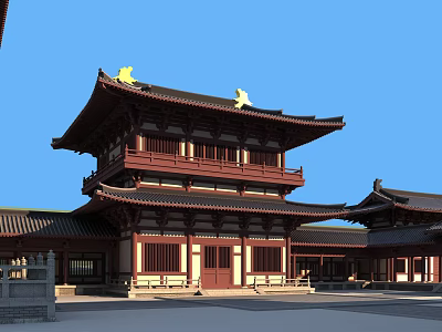 Ancient Chinese Architecture With Multi Tiered Roof Overhanging Eaves Yellow Ornaments Against Blue Sky 3d model