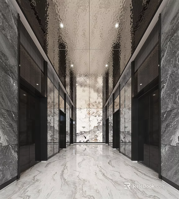 Elegant Elevator Lobby With Marble Walls Metallic Ceiling And Decorative Artwork 3d model