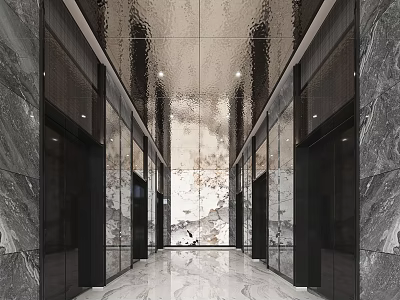 Elegant Elevator Lobby With Marble Walls Metallic Ceiling And Decorative Artwork 3d model