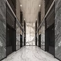 Elegant Elevator Lobby With Marble Walls Metallic Ceiling And Decorative Artwork 3d model