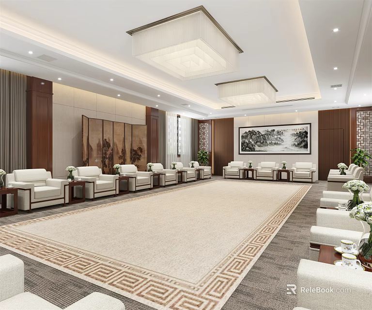 Spacious Hotel Public Lounge Area With White Sofas Wooden Decor Geometric Carpet And Chandeliers 3d model 