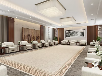 Spacious Hotel Public Lounge Area With White Sofas Wooden Decor Geometric Carpet And Chandeliers 3d model