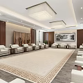 Spacious Hotel Public Lounge Area With White Sofas Wooden Decor Geometric Carpet And Chandeliers