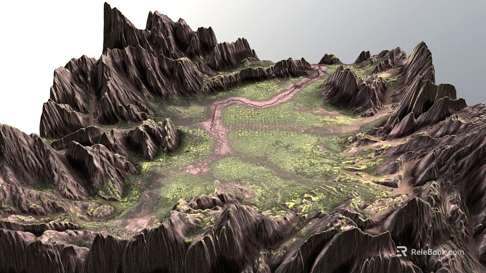 Scenic Bridge in Mountain Valley Surrounded by Rugged Peaks and Green Landscape 3d model 