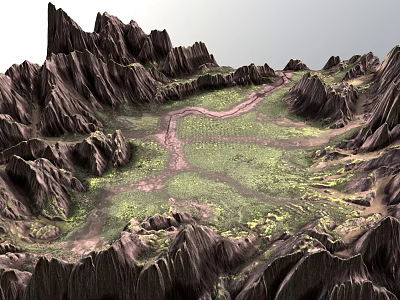 Scenic Bridge in Mountain Valley Surrounded by Rugged Peaks and Green Landscape 3d model