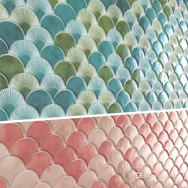 Decorative Fan Shaped Tiles with Pastel Teal and Pink Patterns for Wall Design 3d model 
